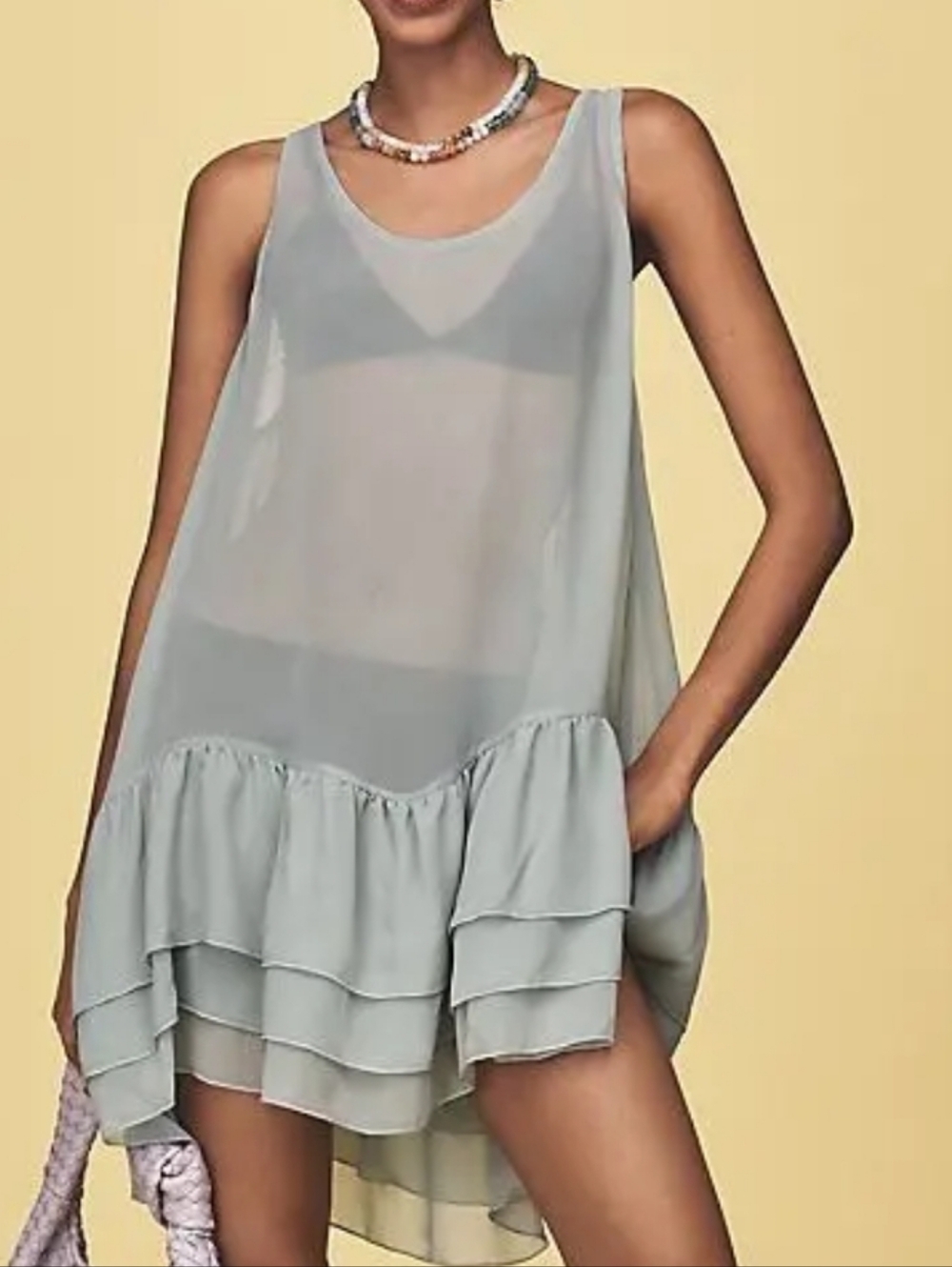 Sarah Hann Light Green Sheer Ruffle Tunic  Mini Dress O/S NWT Anthro